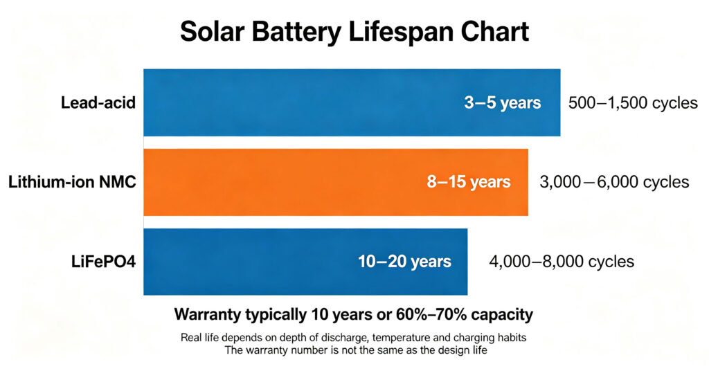 How long do solar panel batteries last lifespan by chemistry lead acid nmc lifepo4 cycles