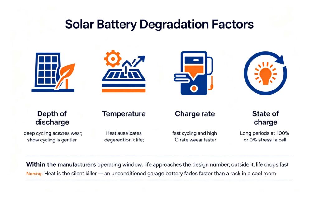 How long do solar panel batteries last degradation factors depth temperature charge rate state of charge