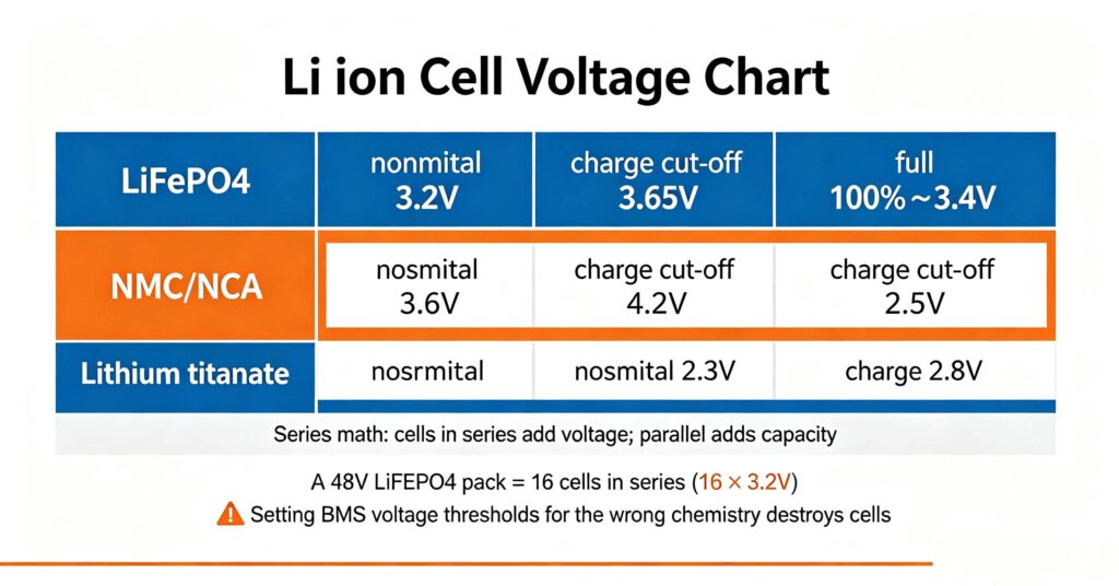Li ion cell voltage nominal charge cut-off discharge lifepo4 nmc chemistry comparison chart