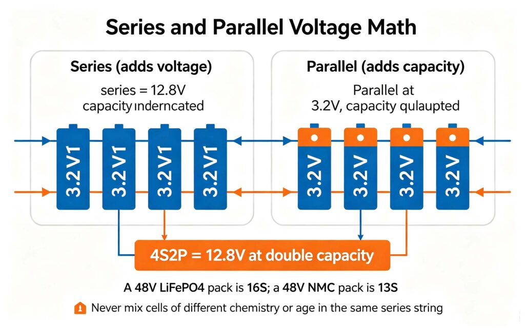 Li ion cell voltage series parallel configuration pack voltage math for 16s 48v systems