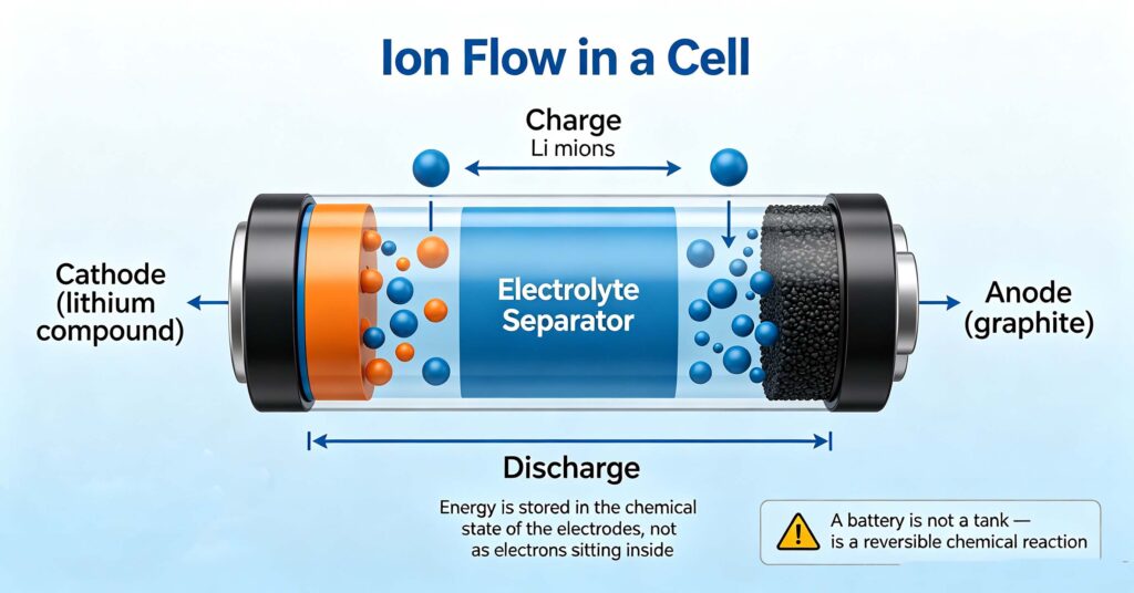 How do batteries store electricity ion flow cathode anode electrolyte charge discharge diagram