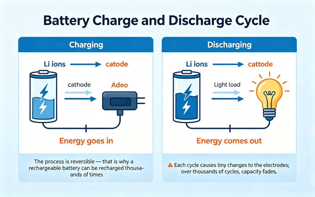 How do batteries store electricity charging and discharging ion movement reversible cycle diagram