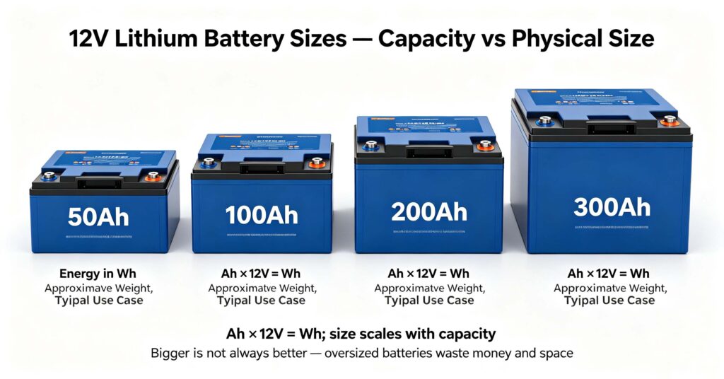 12v lithium battery 100ah 200ah 300ah 50ah size comparison weight energy use cases