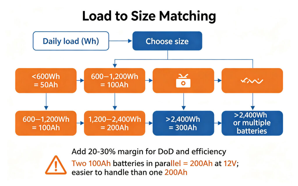 12v lithium battery 100ah 200ah 300ah 50ah matching daily load to capacity guide