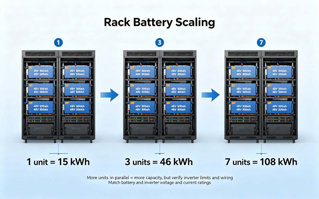 48v 300ah rack mount lithium battery scaling multiple units parallel kWh capacity