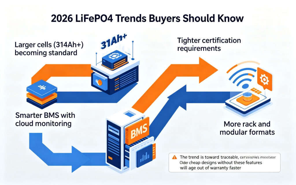 latest high-quality lifepo4 batteries 2026 trends larger cells smart bms certification
