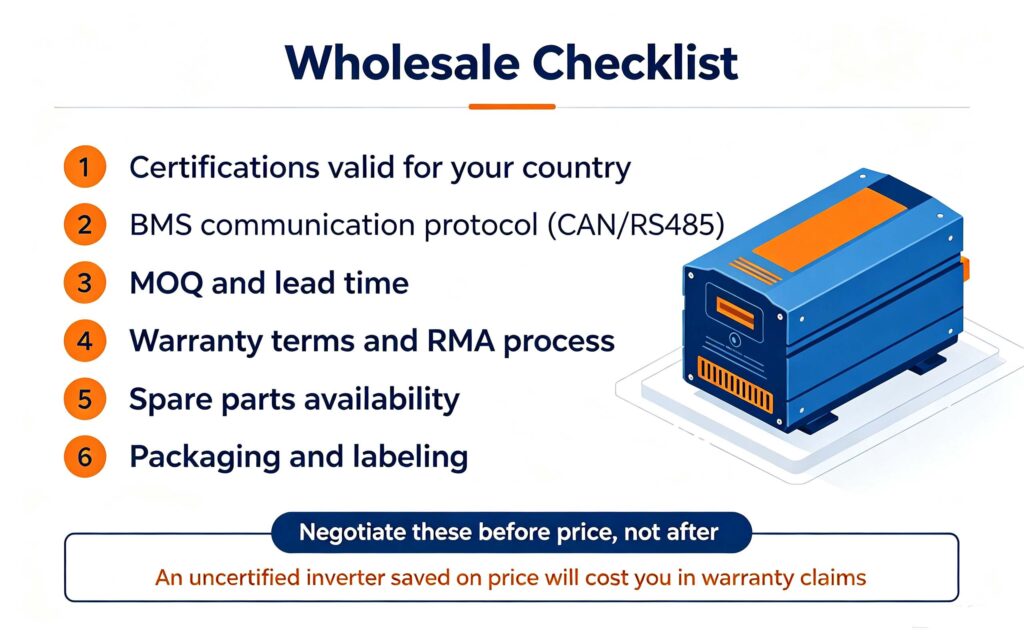 solar inverters wholesale checklist certification bms moq warranty spare parts rma