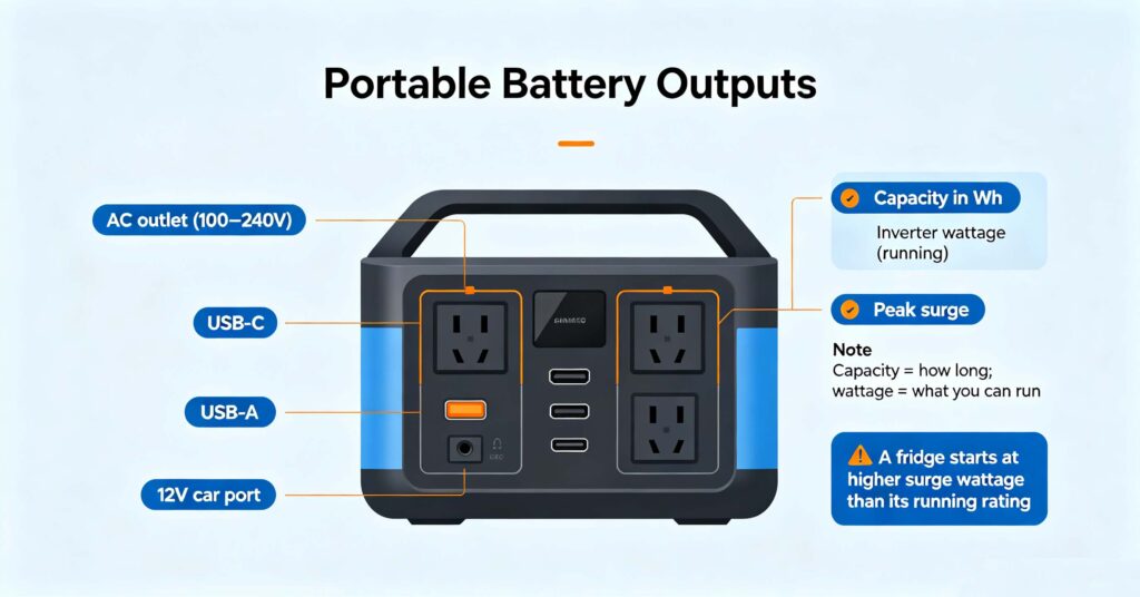 portable battery with plug socket ac outlet usb wattage capacity output ports guide