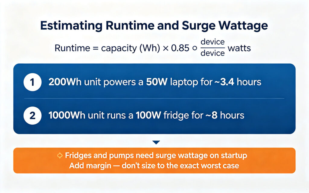 portable battery with plug socket runtime estimate wattage surge formula and sizing guide