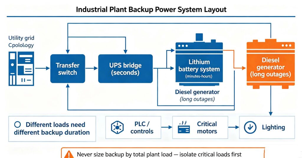 industrial plant backup power service layout ups lithium diesel critical loads transfer switch