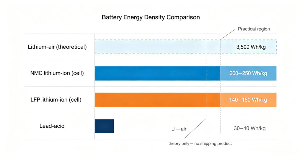 Cutaway of a lithium-air battery cell with lithium anode, electrolyte and porous air cathode