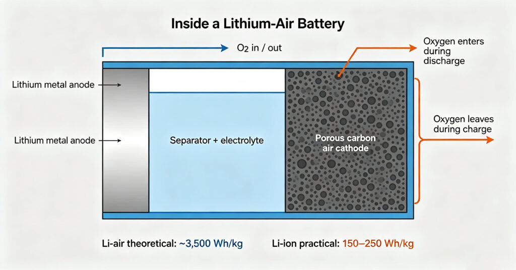 Energy density chart comparing lithium-air theory with NMC, LFP and lead-acid cells