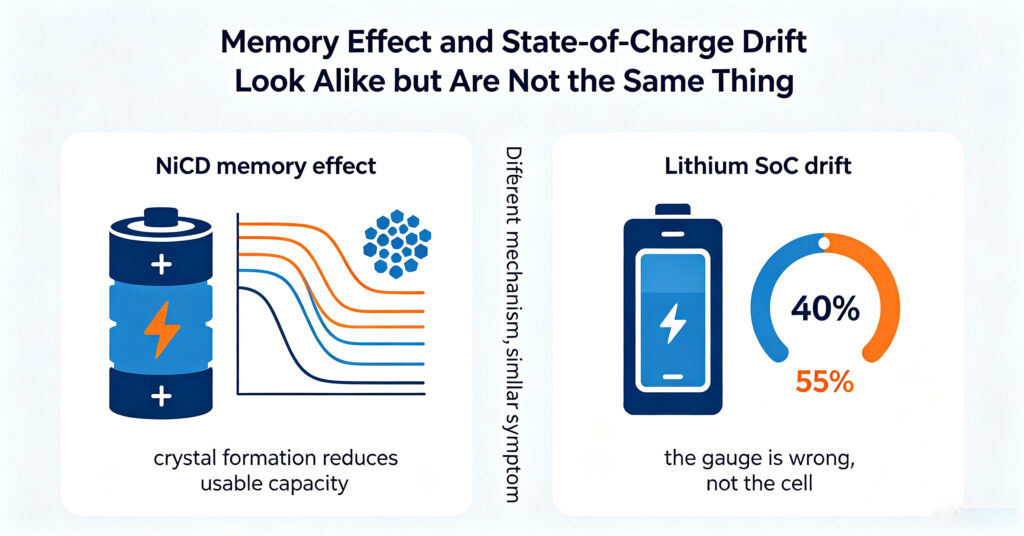 Nickel-cadmium memory effect compared with lithium battery state of charge drift