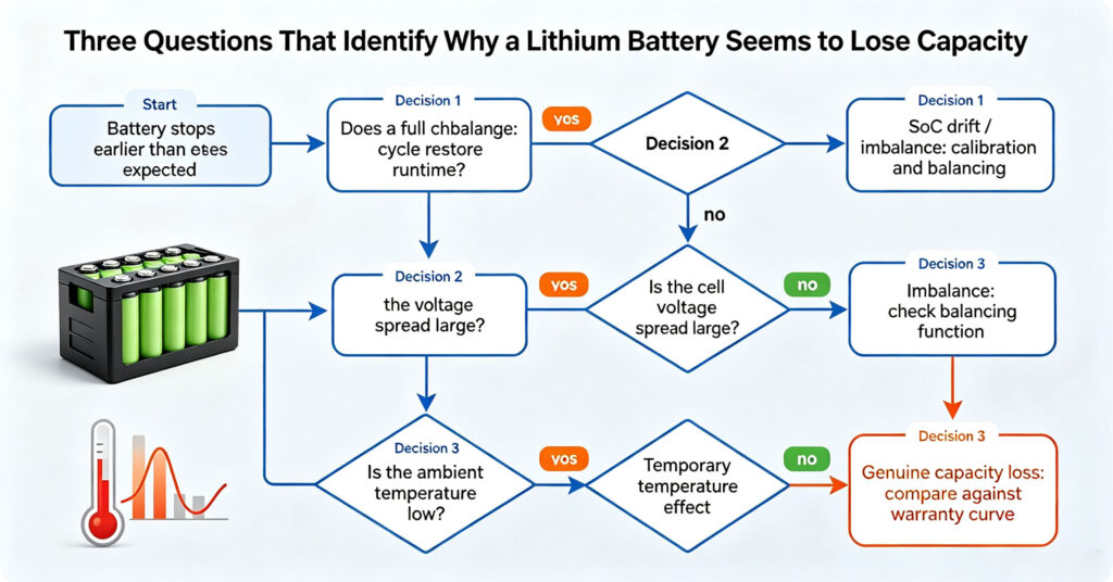 Flowchart separating state of charge drift, imbalance, temperature effects and real capacity loss