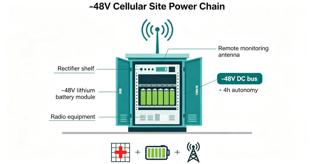 Telecom cabinet with rectifier, -48V lithium battery backup module and radio equipment