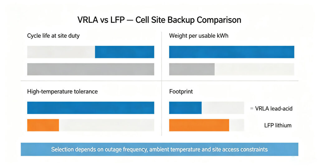 VRLA versus LFP backup battery comparison for cycle life, weight, temperature and footprint