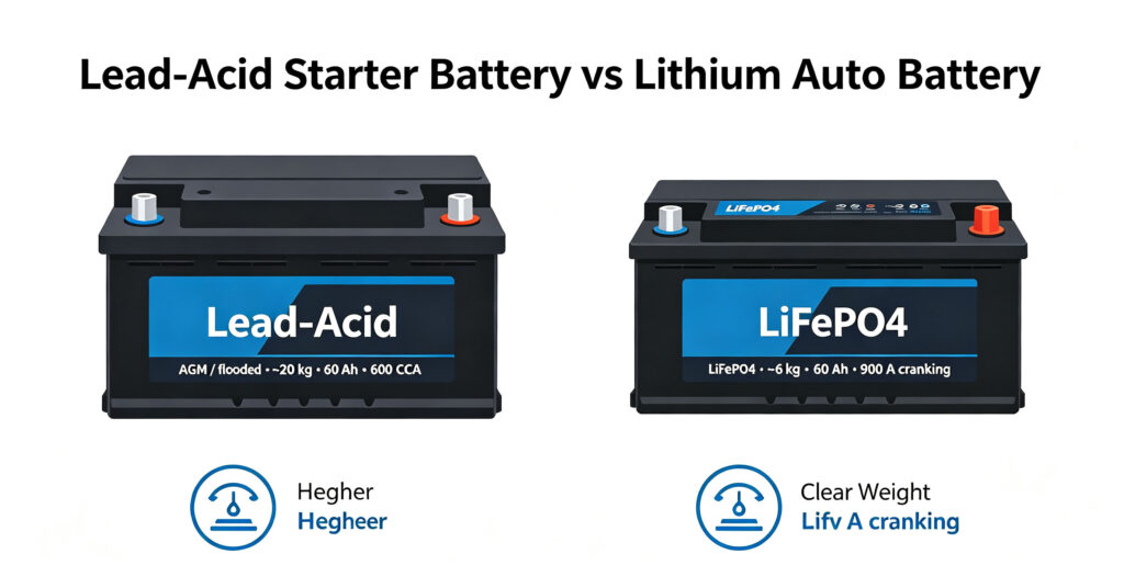 Lead-acid starter battery beside a lighter lithium auto battery with weight and cranking labels