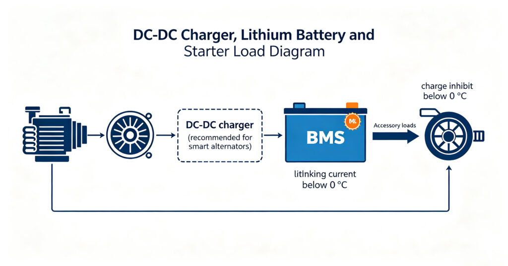 Vehicle charging diagram: alternator, DC-DC charger, lithium auto battery with BMS and starter load