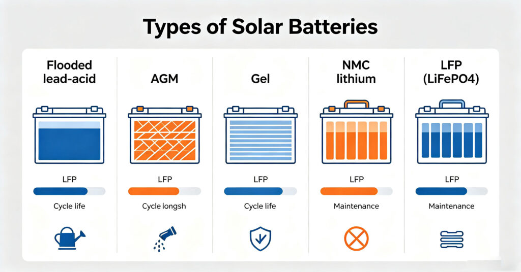 Five solar battery types compared: flooded lead-acid, AGM, gel, NMC and LFP with cycle life bars