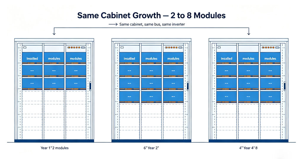 Modular solar storage rack expanding from two to eight modules across three stages