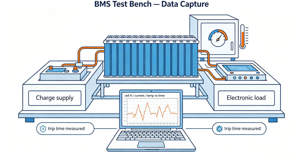 BMS test bench with battery pack, electronic load, chamber and data capture laptop