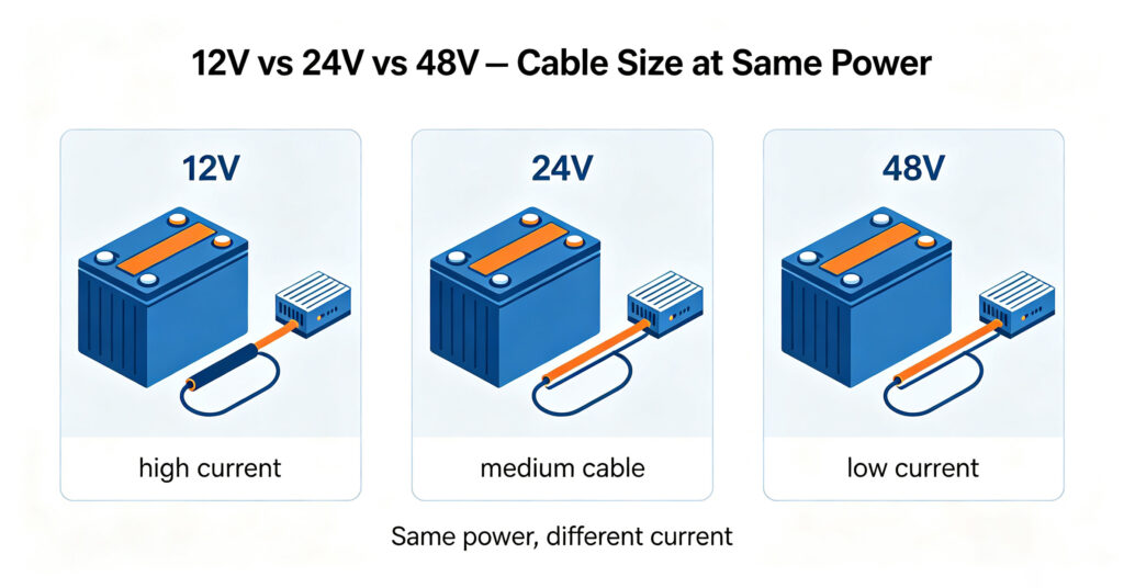 12V, 24V and 48V solar battery banks showing relative cable thickness for the same power