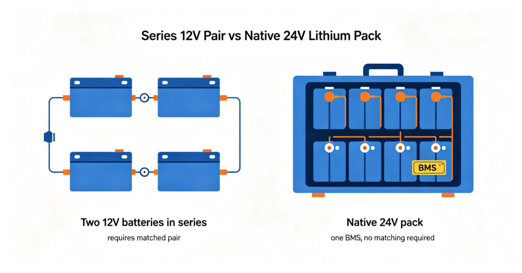 Two 12V batteries wired in series compared with a single native 24V lithium pack