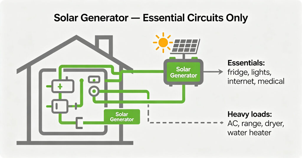 House circuit panel splitting essentials powered by a solar generator from heavy loads left off