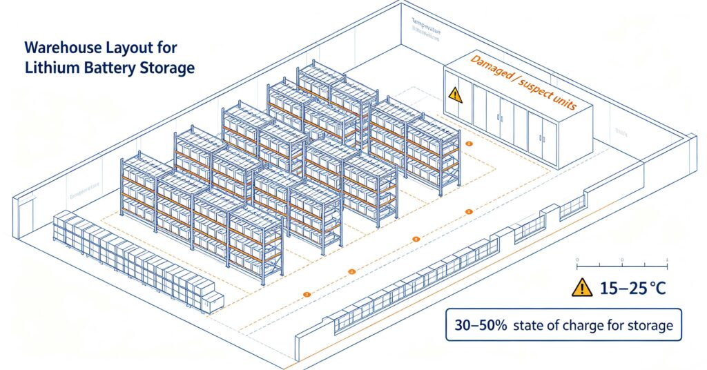 Warehouse layout for lithium battery storage with shelving, separation and damaged unit quarantine
