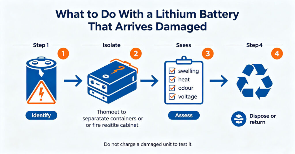 Four-step quarantine workflow for a damaged lithium battery from identification to disposal