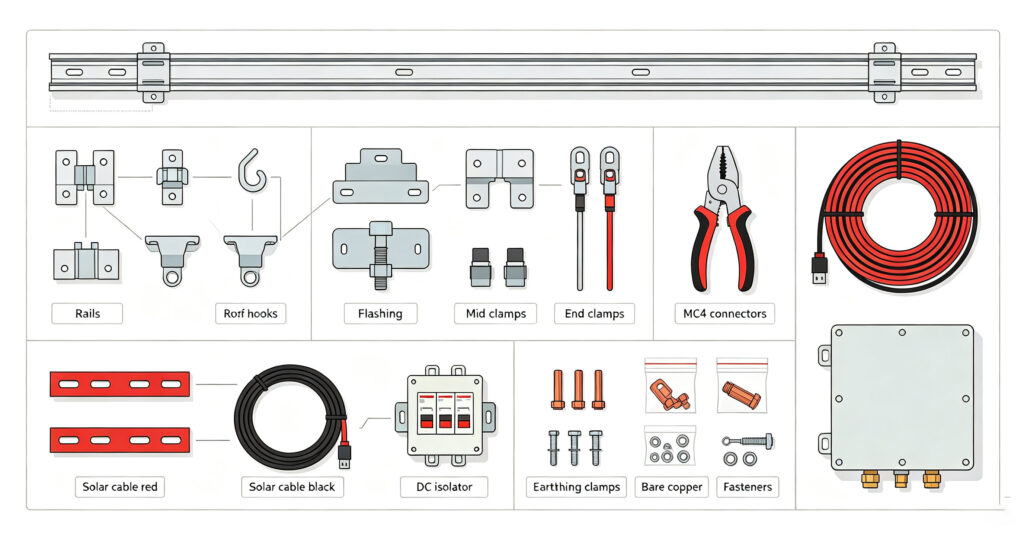 Solar installation kit components laid out: rails, clamps, hooks, cable, connectors and protection