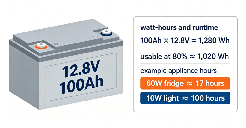 A 100Ah solar battery with a card showing watt-hours and example appliance runtimes