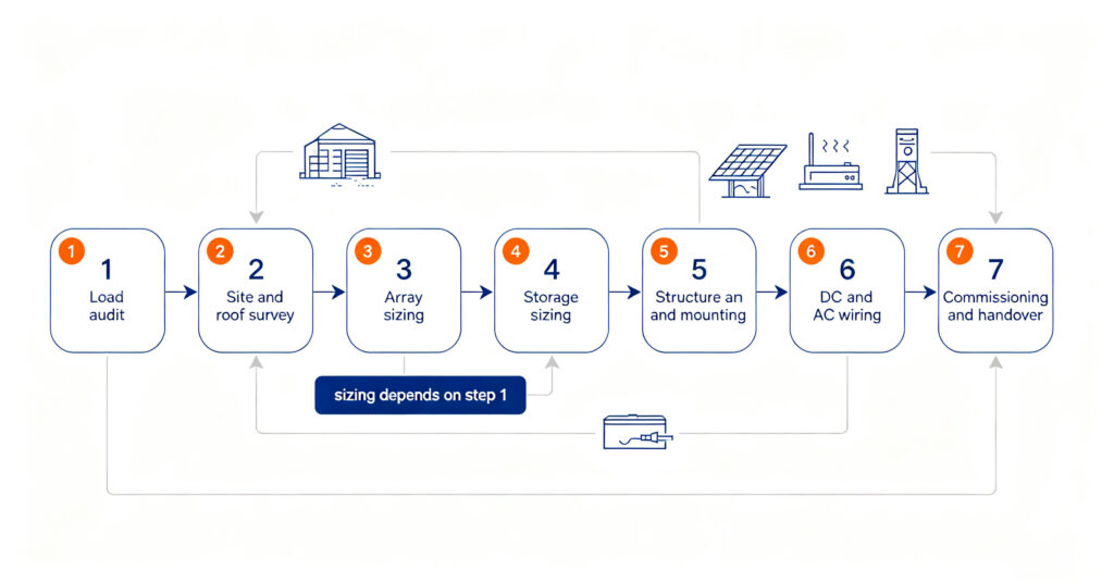 Seven-step flow diagram for building a solar power system from audit to commissioning