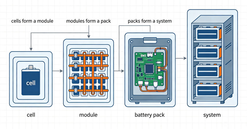 Layer diagram of a cell, a module, a battery pack with BMS and a rack system
