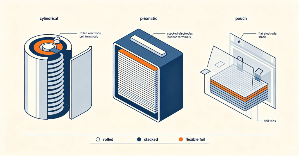 Cutaway comparison of cylindrical, prismatic and pouch battery cell formats
