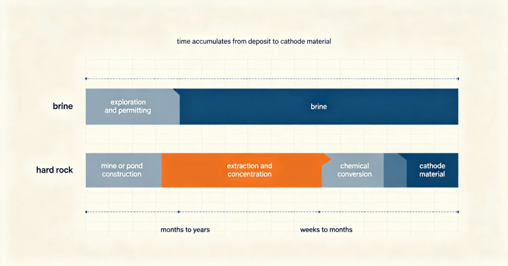 Flow diagram of how lithium is made from brine ponds and hard rock to cathode material