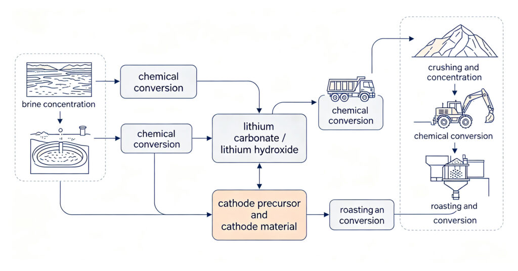 Stage chart showing where time accumulates from lithium deposit to cathode material