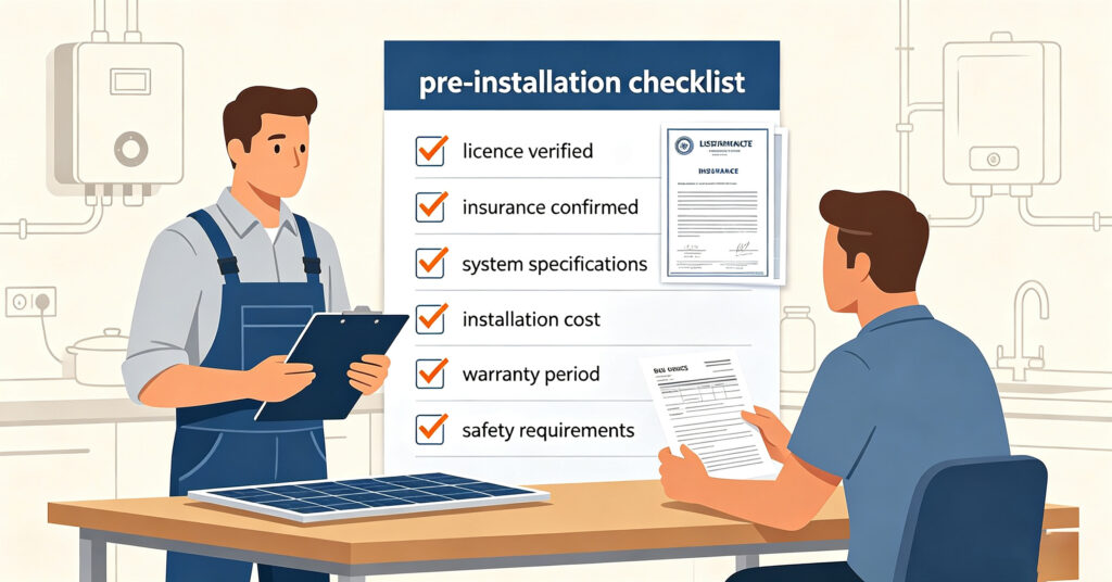 Homeowner reviewing a solar battery installation quote with an installer and checklist