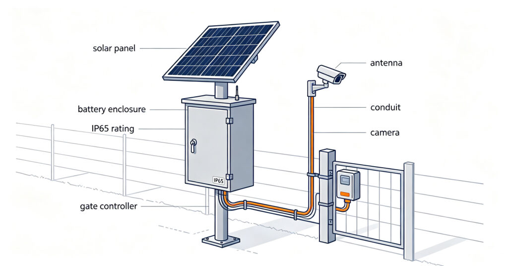Outdoor solar power installation with pole panel, sealed enclosure, camera and gate controller