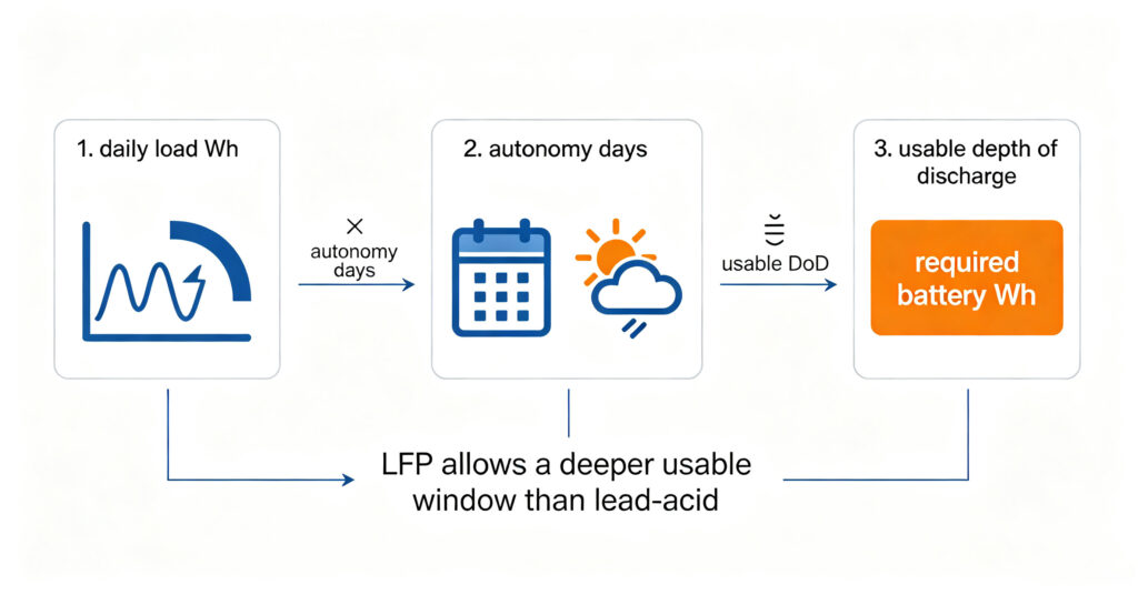 Autonomy sizing diagram: daily load times sunless days divided by usable depth of discharge