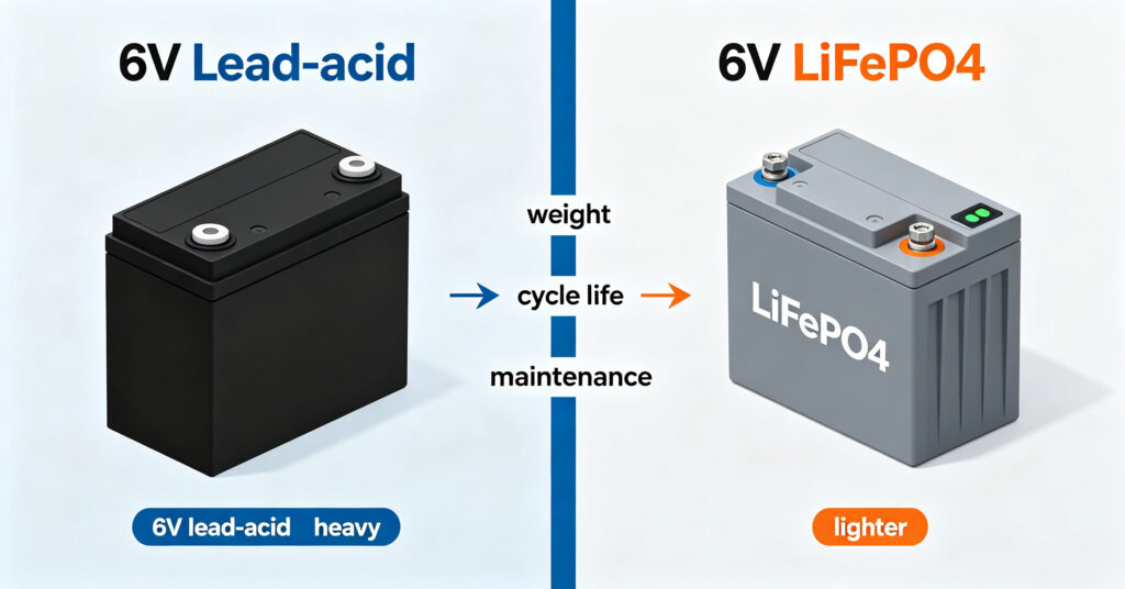 A 6V lithium battery shown beside a 6V lead-acid battery with weight and cycle life labels