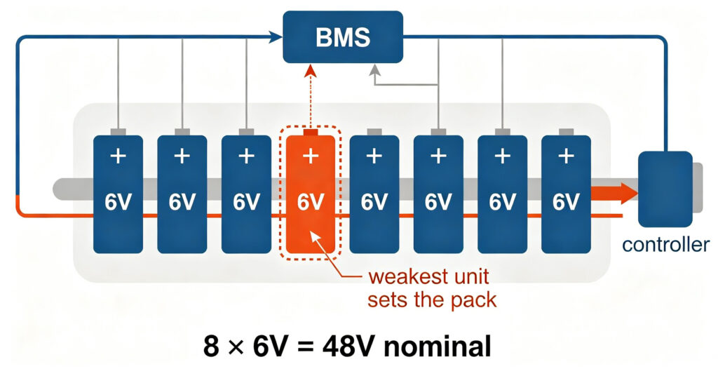 Series string of eight 6V batteries making 48V with the weakest unit highlighted