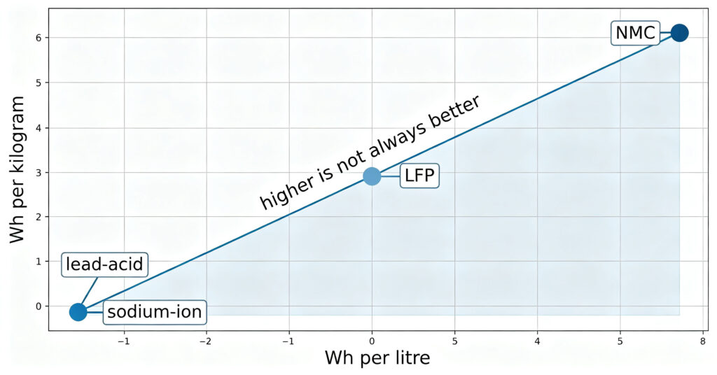 Chart comparing volumetric and gravimetric energy density across four battery chemistries