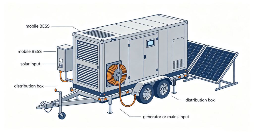 Cutaway of a mobile battery energy storage enclosure with racks, inverter and airflow path