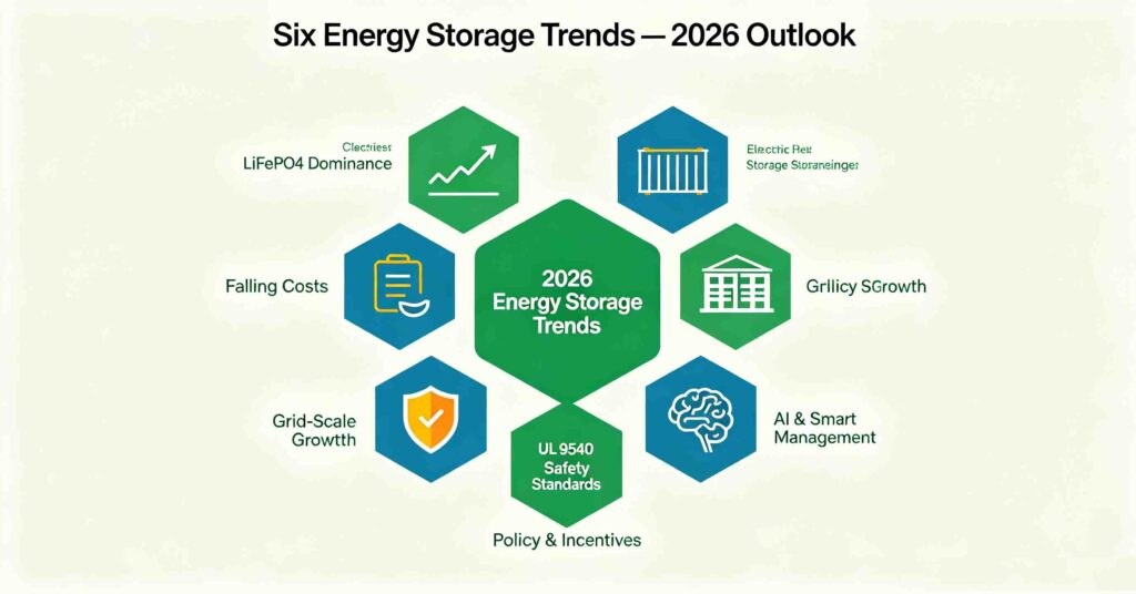 Energy storage trends 2026 infographic showing six trends: LiFePO4 dominance, falling costs, grid growth, policy incentives, safety standards and AI management
