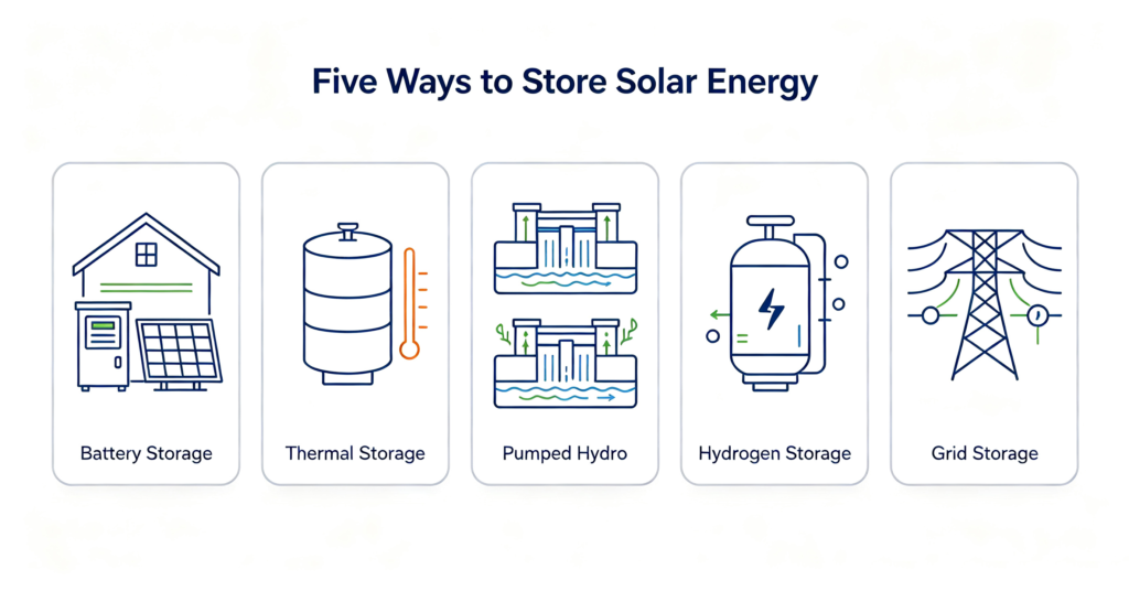 Five ways to store solar energy: battery, thermal, pumped hydro, hydrogen, grid