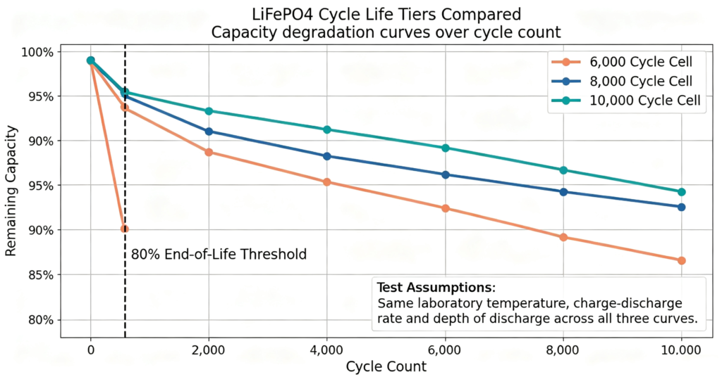 Capacity degradation curves comparing 6000, 8000 and 10000 cycle LiFePO4 cells
