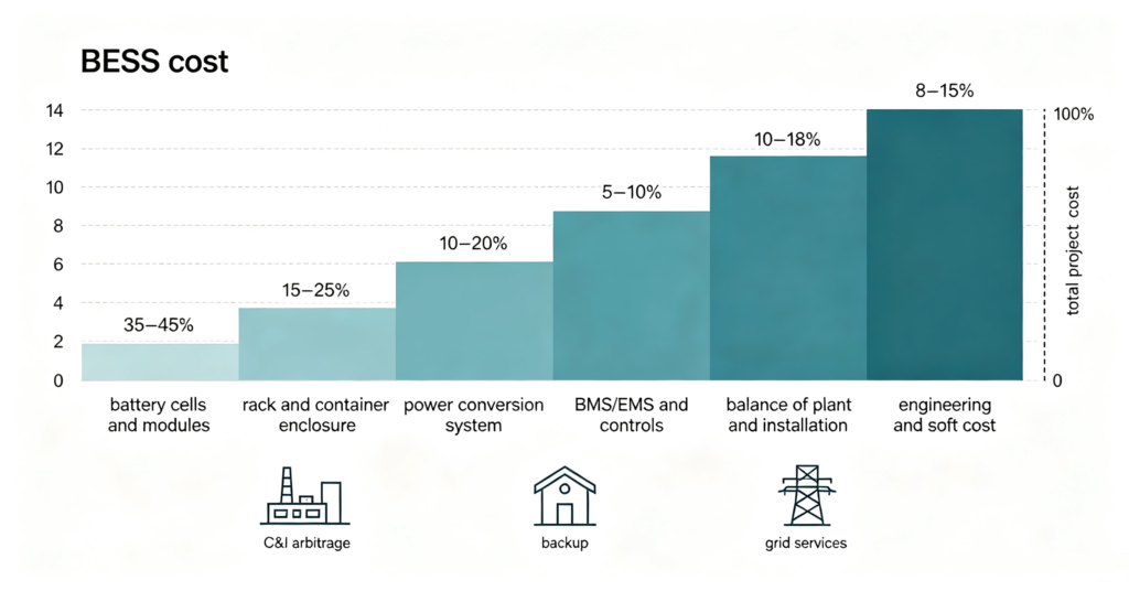 Battery energy storage system cost breakdown by component share
