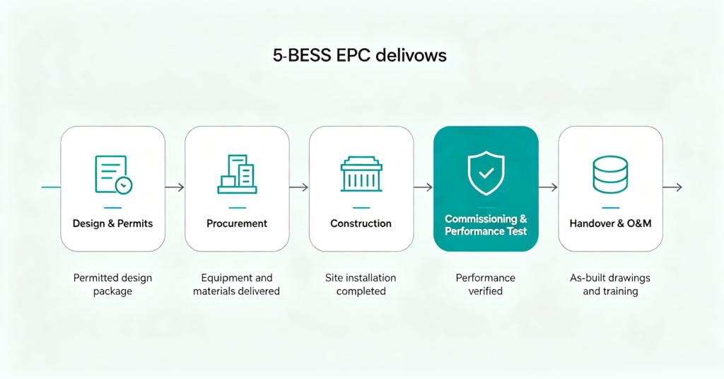Workflow showing what a BESS EPC contractor delivers from design to handover 