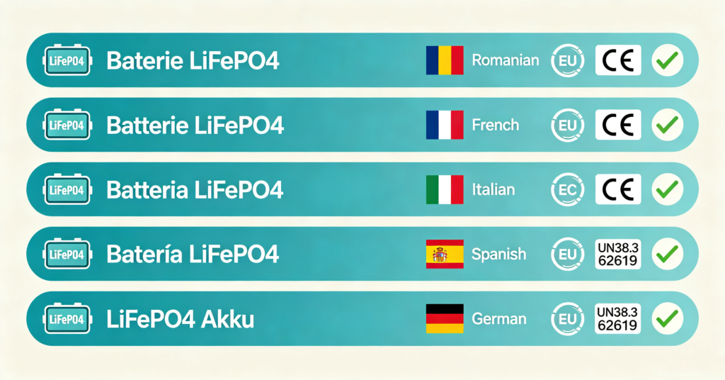 Baterie LiFePO4 labels in Romanian, French, Italian, Spanish and German with EU compliance marks